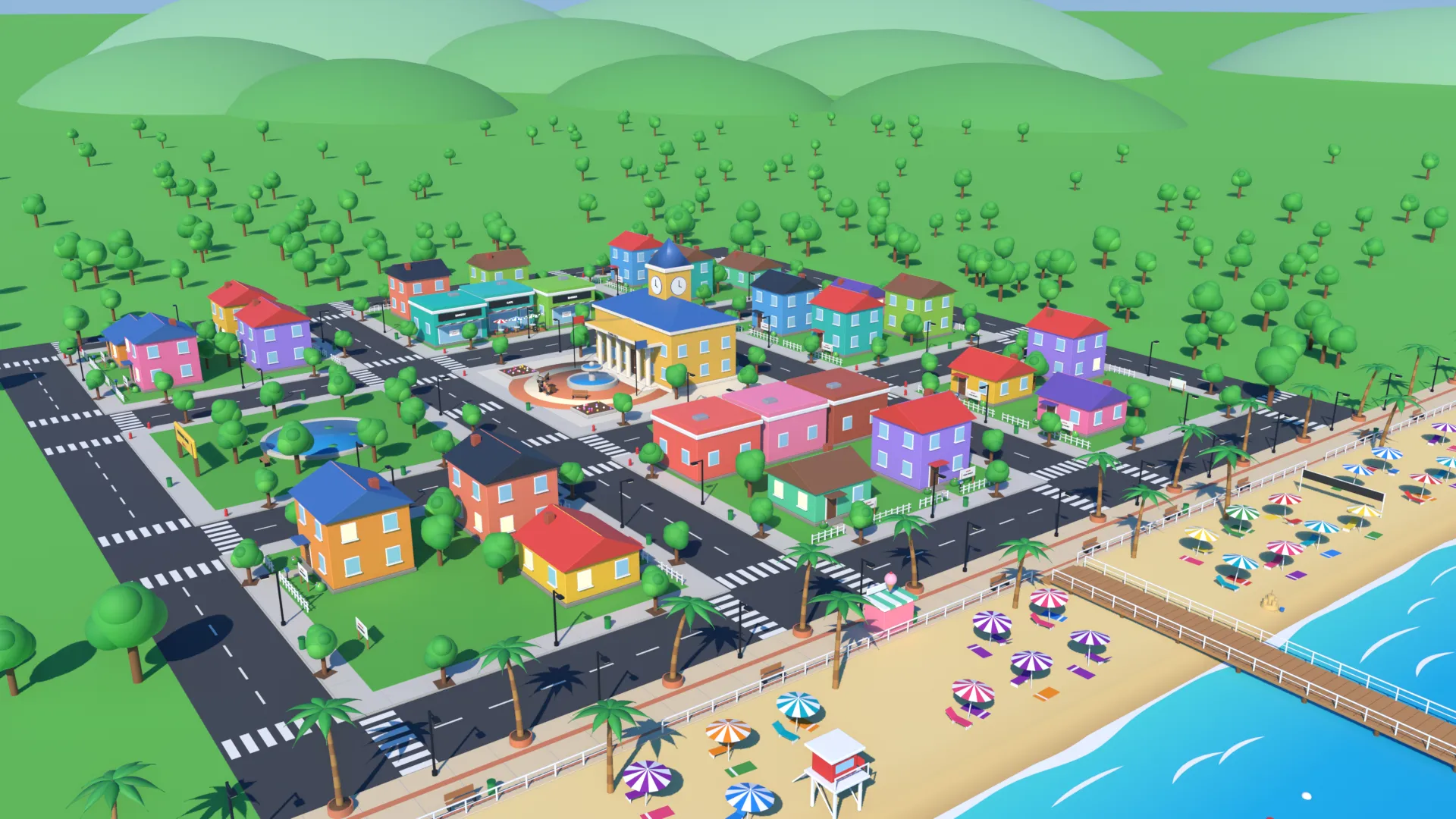 Everyone Town from above: colourful houses, a town hall, a beach and a pier