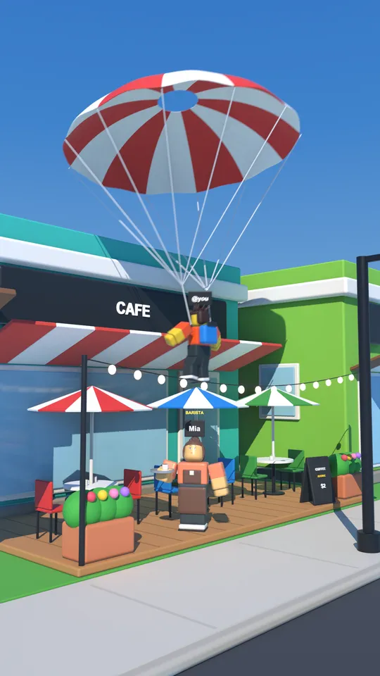 A new resident parachuting onto Mia's cafรฉ