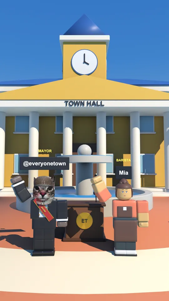 The mayor and Mia waving in the town square
